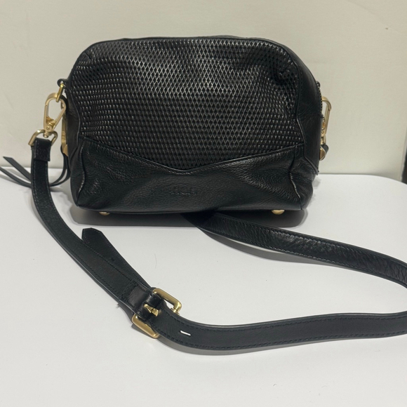Rion Black Leather Crossbody Bag Gold Hardware Textured Front Zip Shoulder Purse - Picture 3 of 11